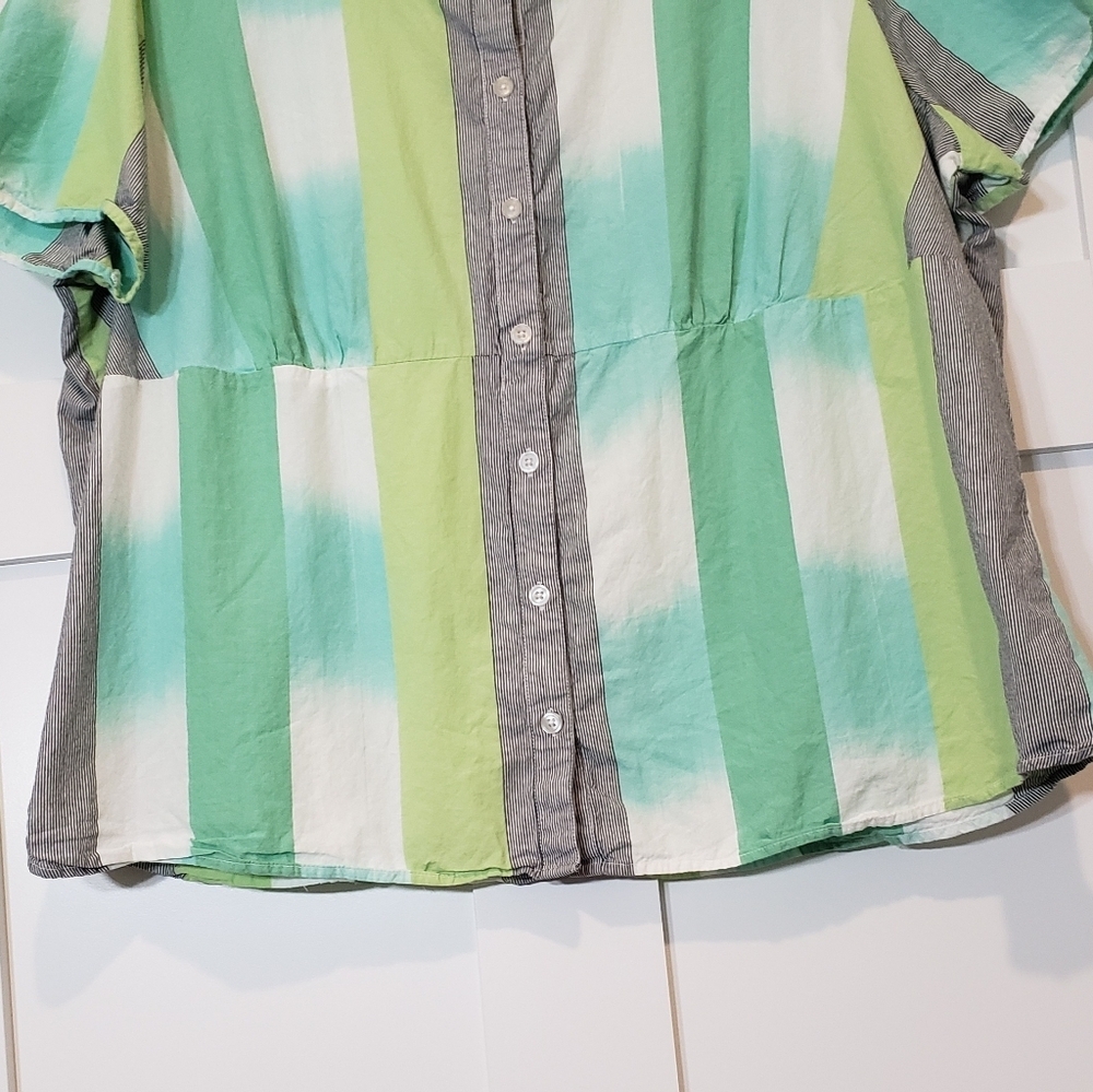 CJ Banks Cotton 100% Button Down Short Sleeve Top Size 3X Green White Li… - Picture 4 of 13
